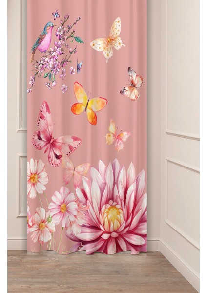 Kelebek Bülbül Çiçek Pembe Mor Desenli Özel Tasarım Dijital Baskılı (Tek Kanat) Modern Şık Fon Perde