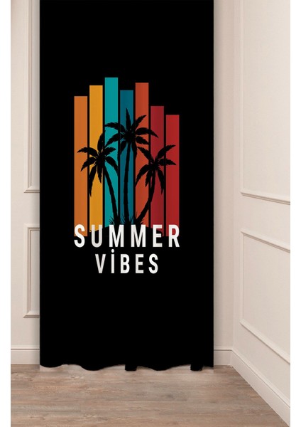 Summer Vibes Yaz Palmiye Güneş Desenli Özel Tasarım Dijital Baskılı (Tek Kanat) Modern Şık Fon Perde