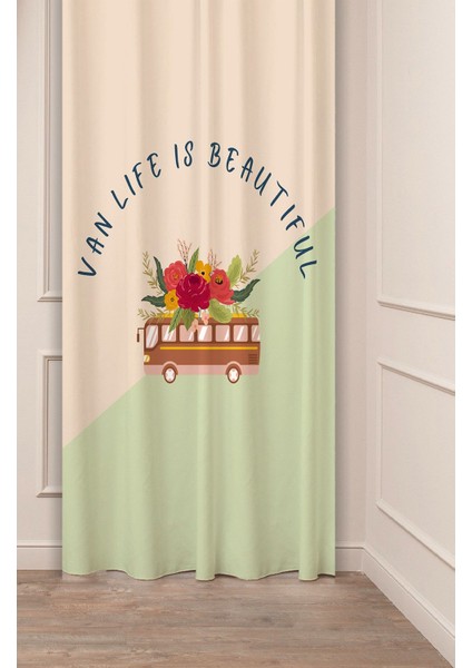 Life Is Beautiful Çiçekler Bohem Desenli Özel Tasarım Dijital Baskılı (Tek Kanat) Bej Krem Fon Perde