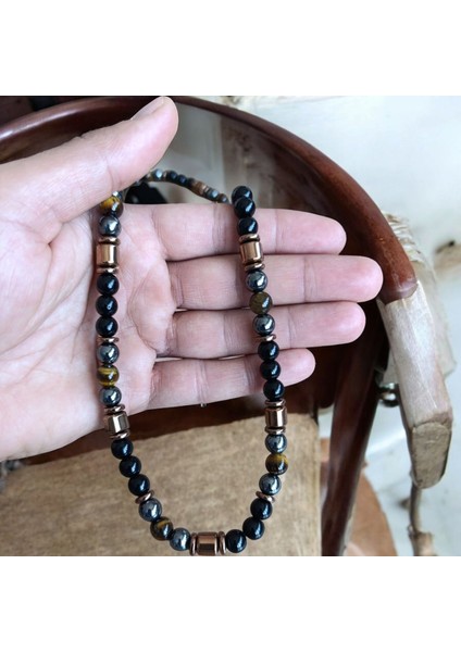 Kaplan Gözü Sallamalı Bohem Kolye Doğal Taş Kolye Bohem Kolye 8 mm Doğal Taş Kolye