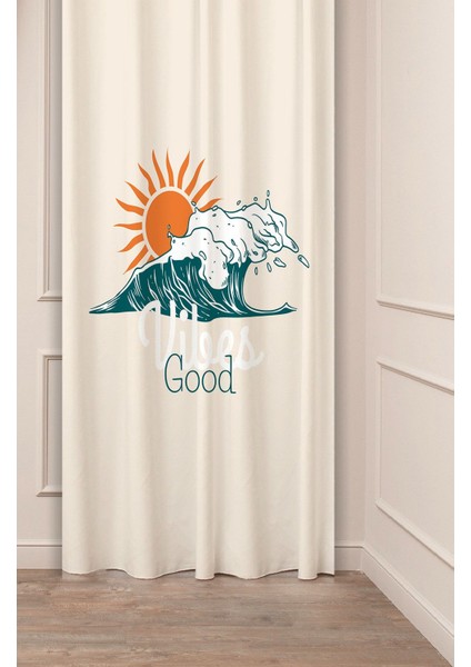 Good Vibes Deniz Okyanus Desenli Özel Tasarım Dijital Baskılı (Tek Kanat) Modern Bej Krem Fon Perde