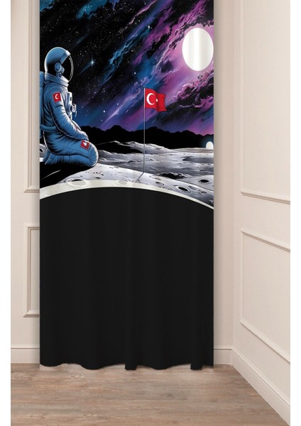 Türk Astronot Uzay Gezegen Ay Mars Desenli Özel Tasarım Dijital Baskılı (Tek Kanat) Modern Fon Perde