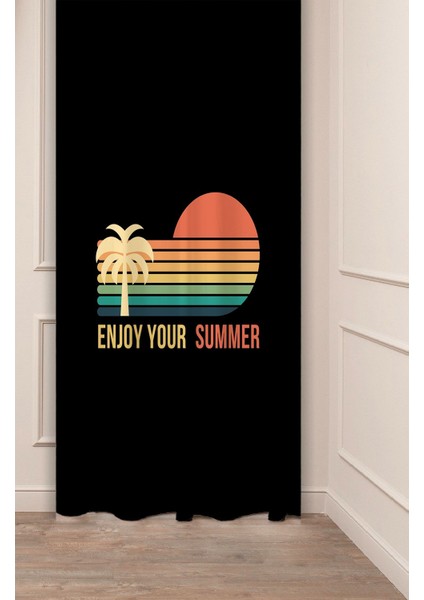 Enjoy Your Summer Vibes Yaz Palmiye Güneş Desenli Özel Tasarım Dijital Baskılı (Tek Kanat) Fon Perde