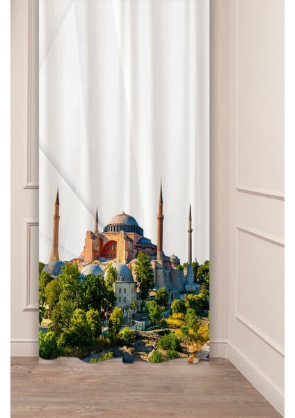 Istanbul Ayasofya Şehir Desenli Özel Tasarım Dijital Baskılı (Tek Kanat) Şık Modern Gri Fon Perde