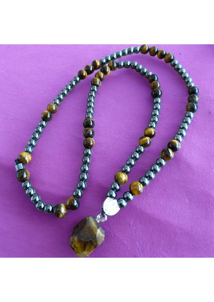 Kaplan Gözü Taşı Kolye 8 mm Hematit Taşı Kolye 6 mm Doğal Taş Kolye Bohem Kolye Doğal Taş Kolye