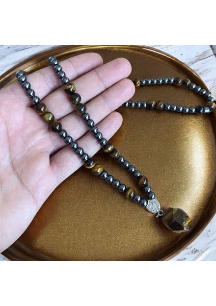 Kaplan Gözü Taşı Kolye 8 mm Hematit Taşı Kolye 6 mm Doğal Taş Kolye Bohem Kolye Doğal Taş Kolye