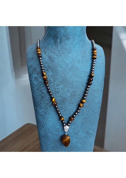 Kaplan Gözü Taşı Kolye 8 mm Hematit Taşı Kolye 6 mm Doğal Taş Kolye Bohem Kolye Doğal Taş Kolye