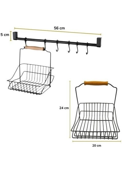 Retro Ferforje Askılı Siyah Ahşap Kulplu Düzenleyici Mutfak Sepeti