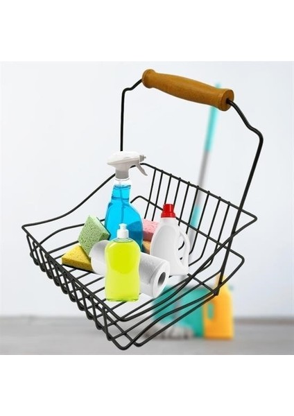 Retro Ferforje Askılı Siyah Ahşap Kulplu Düzenleyici Mutfak Sepeti