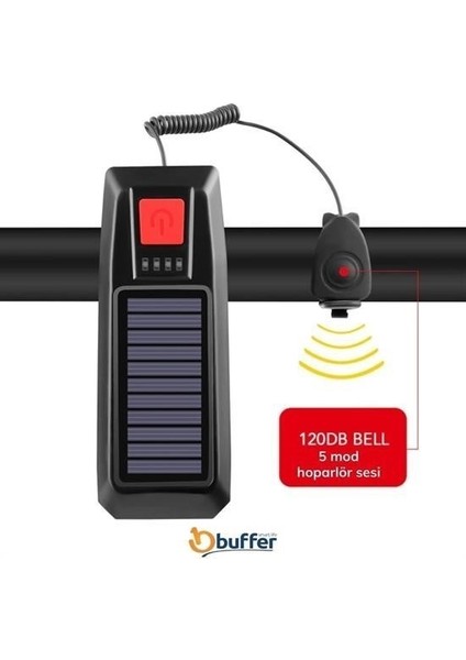 Solar Enerjili USB ile Şarj Edilebilir Ledli Bisiklet Feneri Kornalı ve Su Geçirmez Far