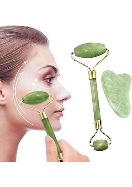 Çift Taraflı 2li Cilt Yüz Masaj Aleti Jade Roller Yeşim Taşı Seti