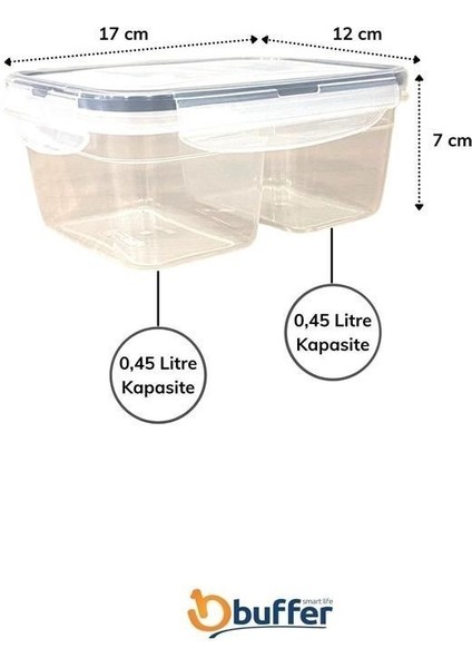 2 Bölmeli 0,45+0,45 Litre Kilitli Kapaklı Erzak Saklama Kabı LC-524