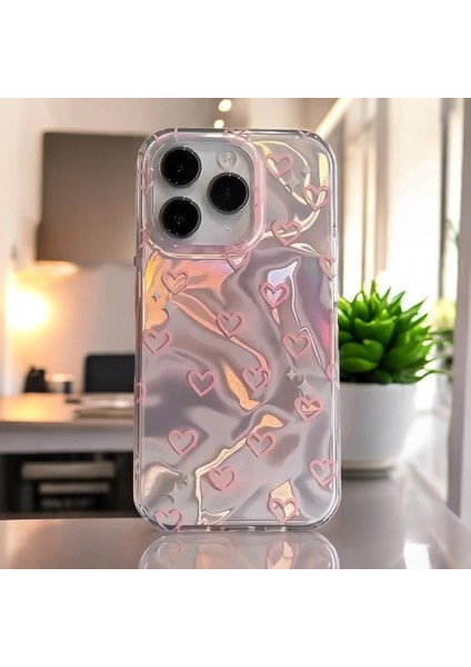 Apple iPhone 15 Pro Max Uyumlu Zebana Pembe Kalp Desenli Silikon Kılıf