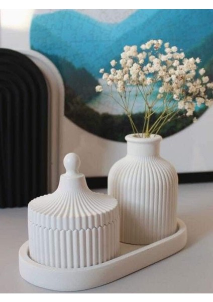 Dekoratif Modern Seti Vazo, Kapaklı Dekoratif Kutu, Oval Alt Tabak Seti Mumluk Set 3 Prç.