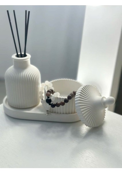 Dekoratif Modern Seti Vazo, Kapaklı Dekoratif Kutu, Oval Alt Tabak Seti Mumluk Set 3 Prç. modelleri