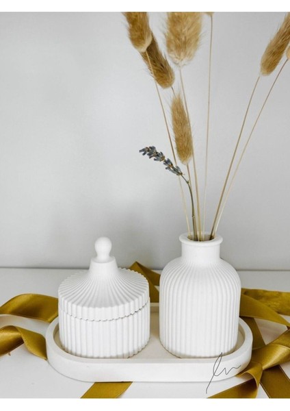 Dekoratif Modern Seti Vazo, Kapaklı Dekoratif Kutu, Oval Alt Tabak Seti Mumluk Set 3 Prç. fırsatları
