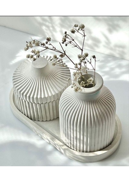 Dekoratif Modern Seti Vazo, Kapaklı Dekoratif Kutu, Oval Alt Tabak Seti Mumluk Set 3 Prç.
