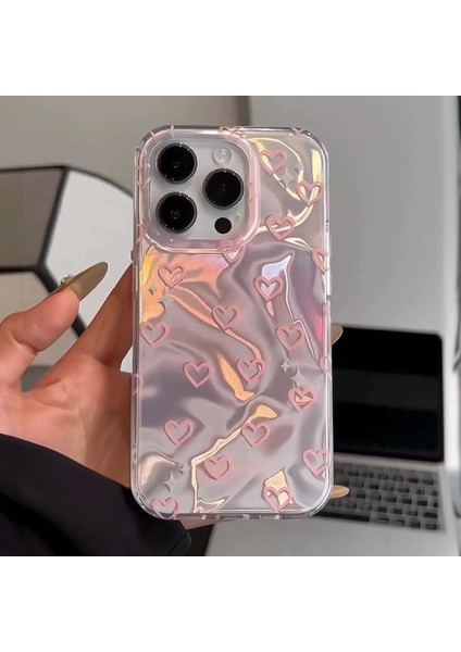 Apple iPhone 13 Pro Max Uyumlu Zebana Pembe Kalp Desenli Silikon Kılıf