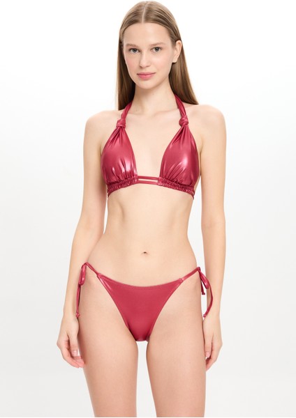 Kadın Deri Görünümlü Çift Spagettili Geniş Üçgen Bikini Takımı 25SW019ST