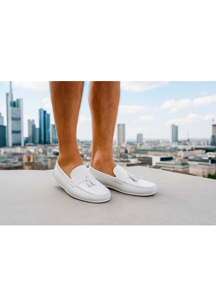 GR0312 Hakiki Deri Püsküllü Beyaz Renk Saraçlı Erkek Rok Loafer Babet Ayakkabı