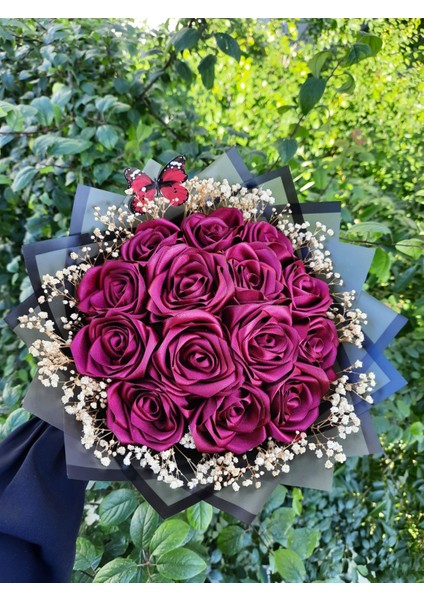 14 Lü Solmayan Gül Buketi Bordo Cipsolu