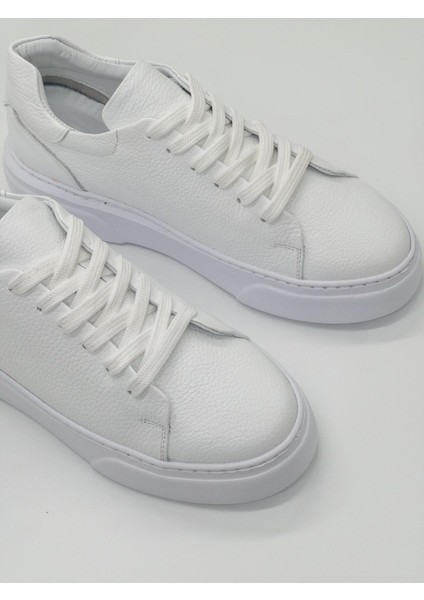 %100 Deri Günlük Erkek Sneaker Beyaz-Beyaz
