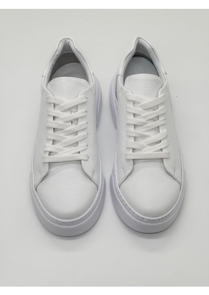 %100 Deri Günlük Erkek Sneaker Beyaz-Beyaz