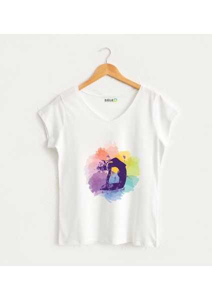 Pilates Yoga Görselli V Yaka Beyaz Tasarım Kadın T-Shirt