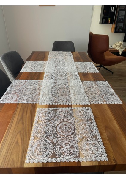 Krem Çeyiz Masa Örtüsü Runner Takımı 7 Parça Fransız Dantelli