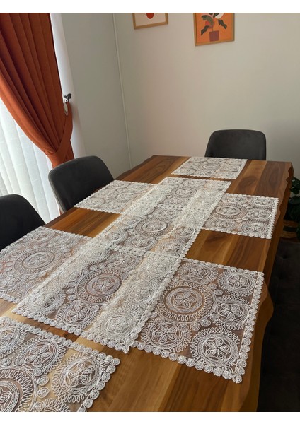 Krem Çeyiz Masa Örtüsü Runner Takımı 7 Parça Fransız Dantelli