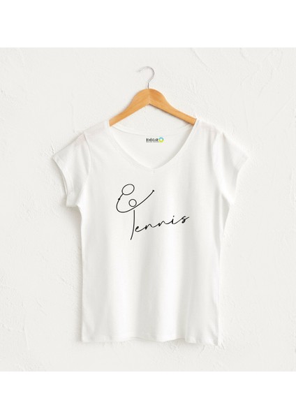 Çizgi Karakter Tenis V Yaka Kadın Beyaz Tasarım T-Shirt