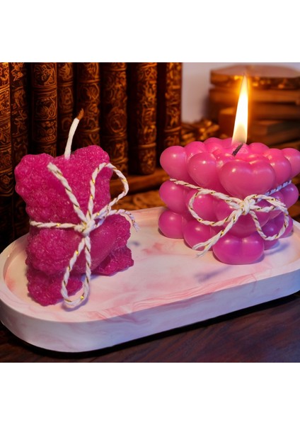 Dekoratif Tabakta 2'li Set, Çikolata Kokulu Pembe Kalpli Ayıcık ve Kalpli Bubble Mum