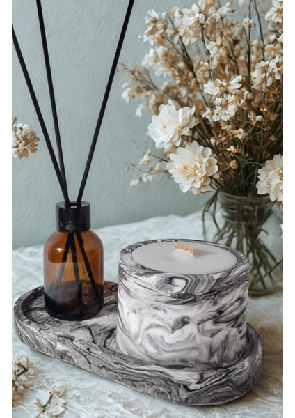 Siyah Beyaz Geçişli, Dekoratif Tabakta, Lavanta Kokulu ,ahşap Fitilli Mum ve Oda Kokusu 2'li Set