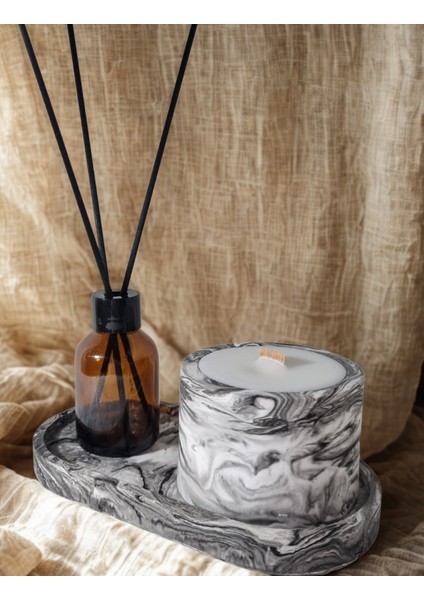 Siyah Beyaz Geçişli, Dekoratif Tabakta, Lavanta Kokulu ,ahşap Fitilli Mum ve Oda Kokusu 2'li Set