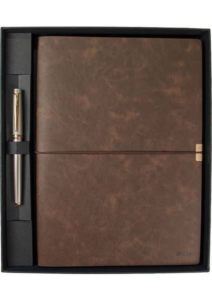 SD700-B2 Premıum Defter Toledo B5 Kahverengi & 38 Roller Saten Altın Set Özel Hediyelik Kutulu