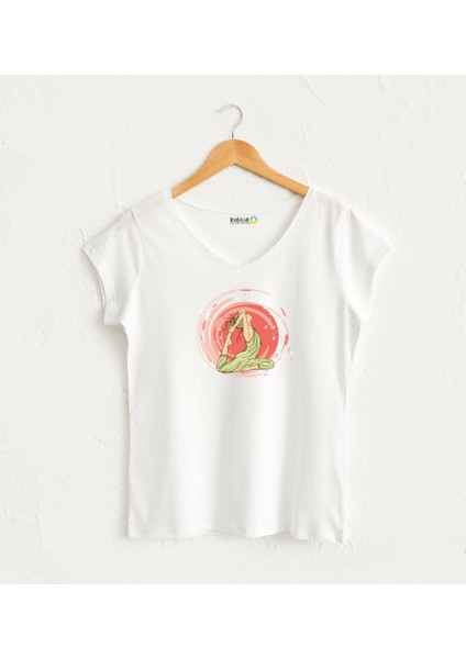Turuncu Dairesel Yoga Görselli V Yaka Kadın Beyaz Tasarım T-Shirt