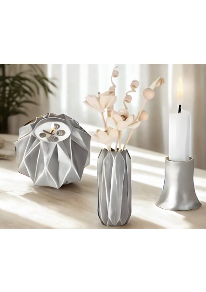Doğal Taş Döküm 3'lü Mumluk Vazo Şamdan Seti