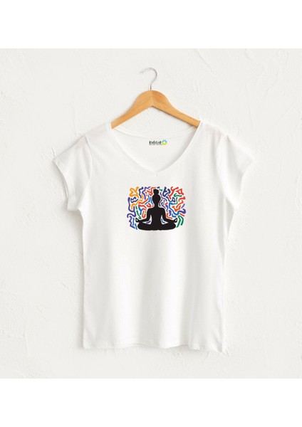 Renkli Yoga Meditasyon Görselli V Yaka Kadın Beyaz Tasarım T-Shirt