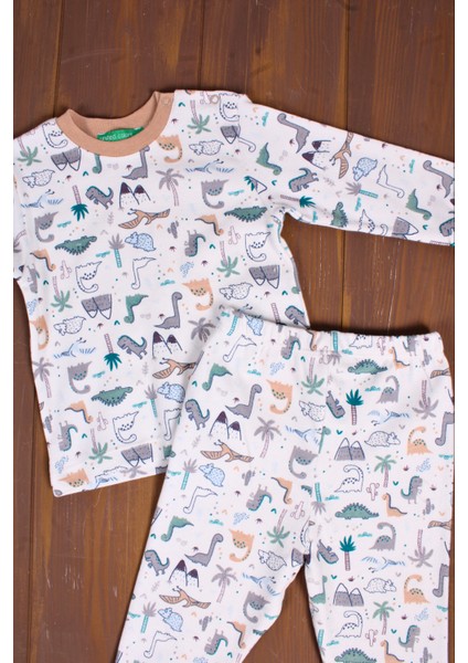 Dinazor Desen Erkek Bebek Eşofman Pijama Takımı Kahverengi