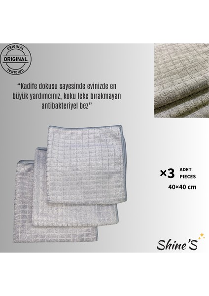 Shine's 3'lü Kadife Mikrofiber Bez Temizlik Bezi, Mutfak, Banyo, Araba, Mobilya 40X40 cm