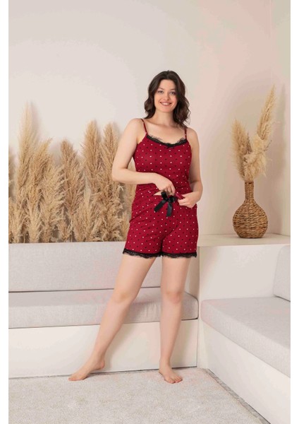 Kadın Askılı Şortlu Pamuklu Kalp Desenli Dantel Detaylı Kısa Pijama TAKIMI-3093