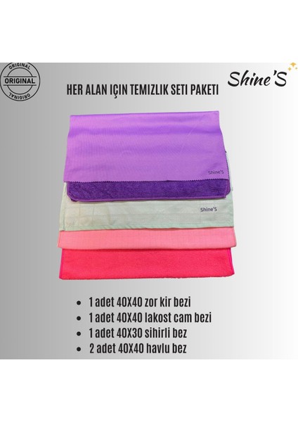 Shine's Lux Temizlik Paketi Cam Bezi, Mutfak Bezi, Wc, Banyo, Mikrofiber Bez 5'li Karma Paket