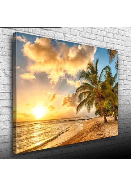 Kumsalda Palmiyeler ve Günbatımı Kanvas Tablo 50 x 70 modelleri