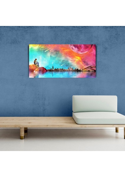 Deniz , Ay ve Şehir Silüeti Kanvas Tablo 60 x 120