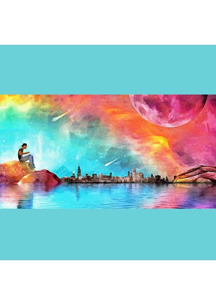 Deniz , Ay ve Şehir Silüeti Kanvas Tablo 60 x 120 fiyatları