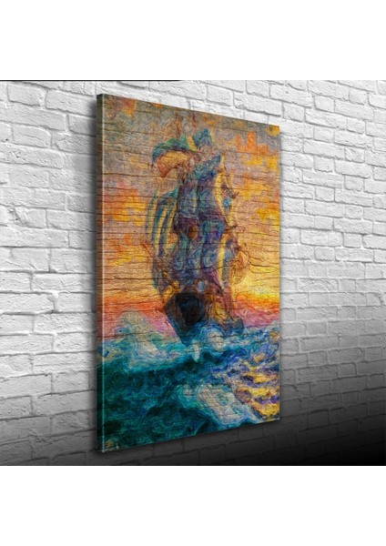 Turuncu ve Mavi Tonlarda Yelkenli Kadırga Kanvas Tablo 50 x 70