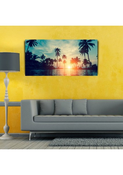 Palmiyeler ve Nehir Günbatımı Kanvas Tablo 60 x 120 modelleri
