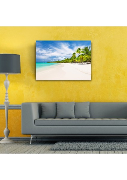 Turkuaz Deniz Palmiyeler ve Bembeyaz Kumsal Kanvas Tablo 50 x 70