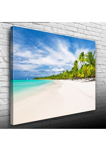Turkuaz Deniz Palmiyeler ve Bembeyaz Kumsal Kanvas Tablo 50 x 70