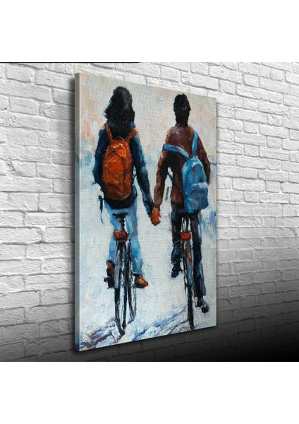 Elele Bisiklet Süren Sevgililer Yağlıboya Kanvas Tablo 50 x 70